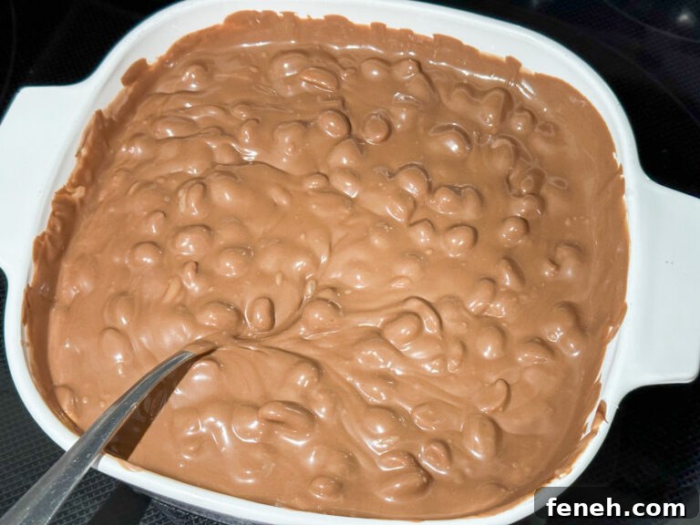 Warm chocolate with peanuts stirred in and ready to drop into peanut cluster candy.