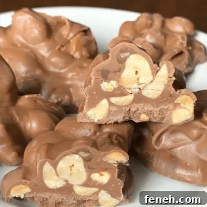 crock pot chocolate covered peanut clusters on a plate with one cut in half to show peanuts