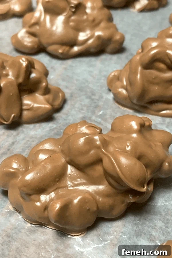 Spoonfuls of crockpot chocolate covered peanut setting up on wax paper in spoonfuls or clusters