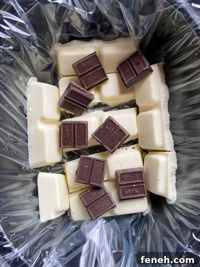 Chocolate and almond bark melting in crock pot