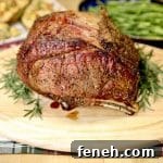 Prime rib roast on a cutting board.