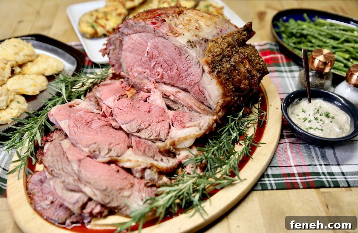Prime rib roast, partially sliced on a cutting board.