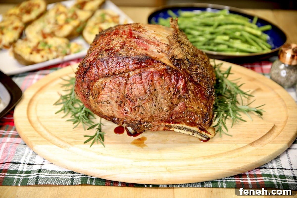 Prime rib on a cutting board with vegetables in background.