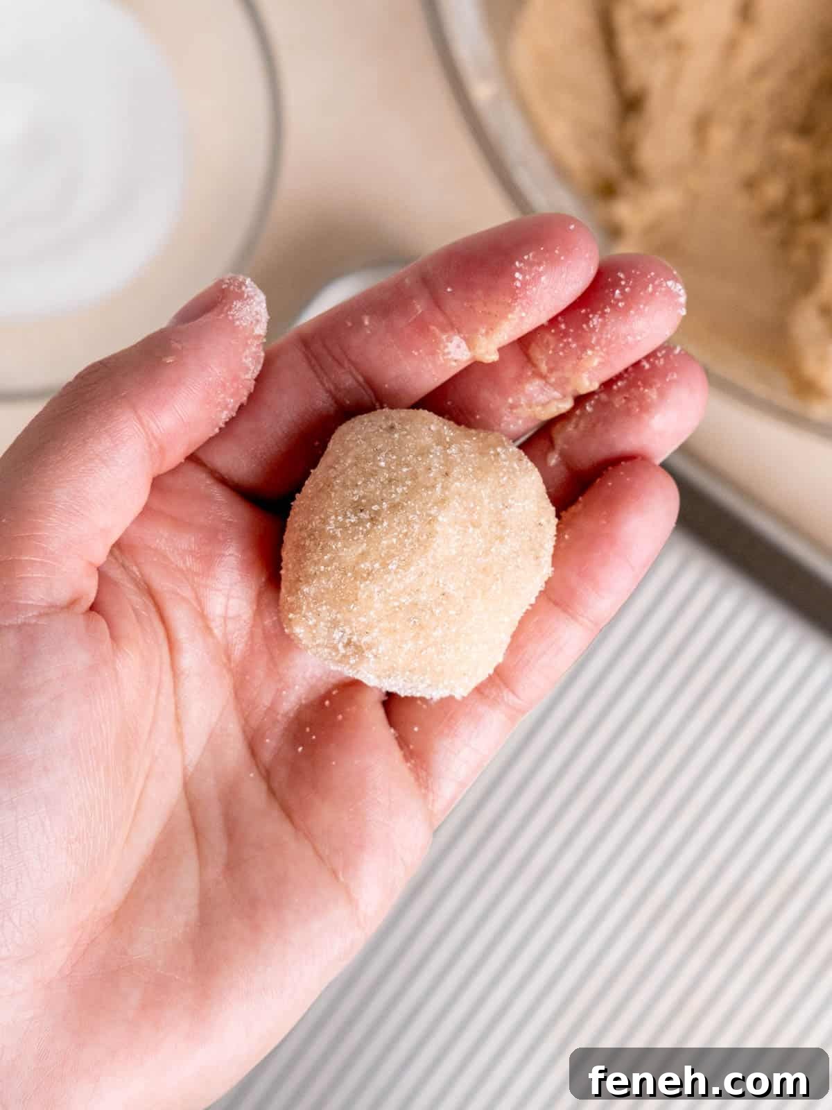 A hand holding a chai cookie covered in sugar.