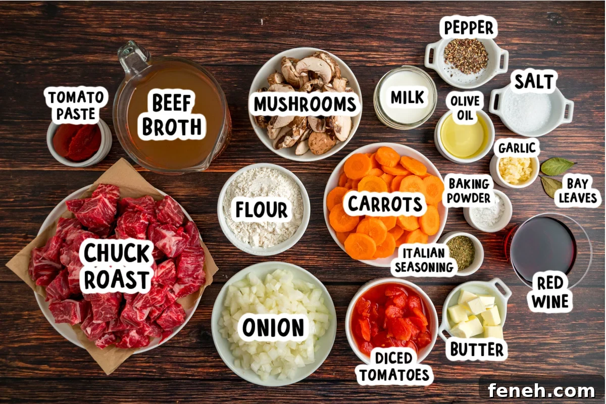 Hearty Beef Stew with Fluffy Dumplings Recipe 3 Ingredients for beef stew with dumplings on a table.