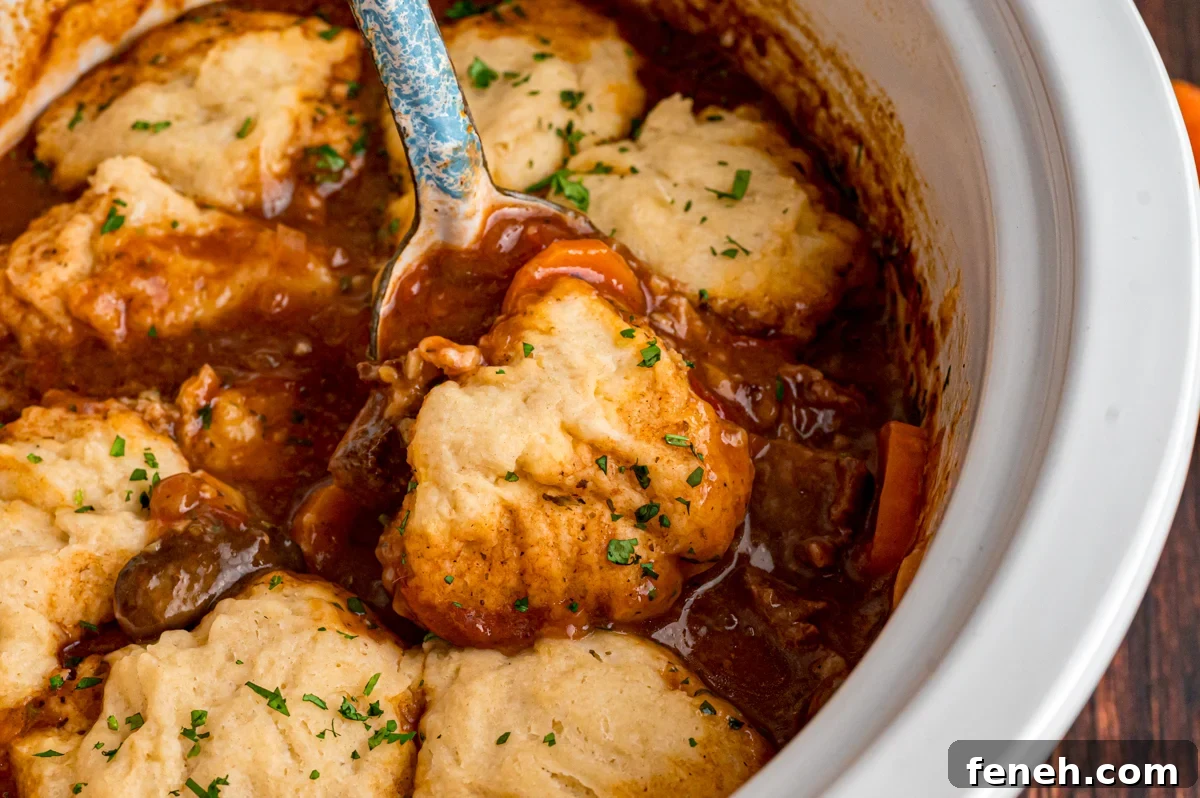 Hearty Beef Stew with Fluffy Dumplings Recipe 7 Some beef stew and a dumpling being scooped from a crockpot.
