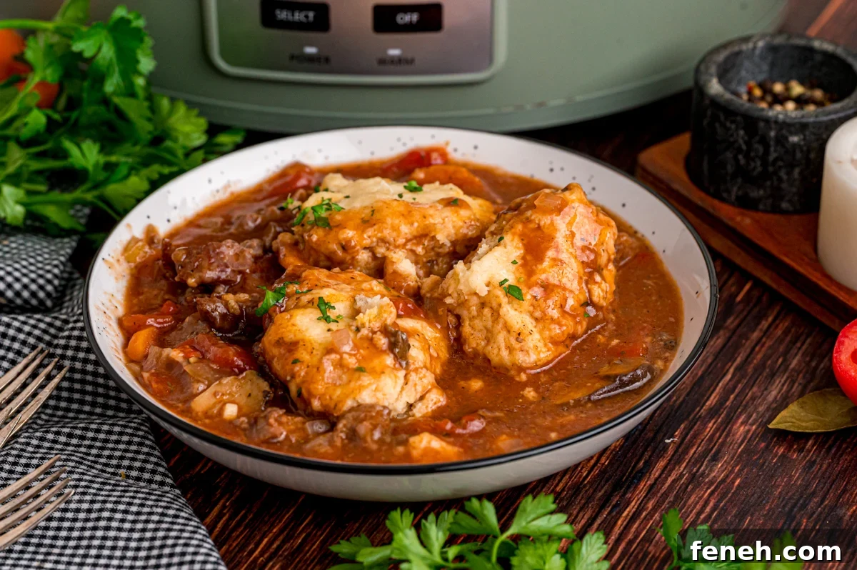Hearty Beef Stew with Fluffy Dumplings Recipe 8 A bowl of beef stew with dumplings on top in front of a crockpot.