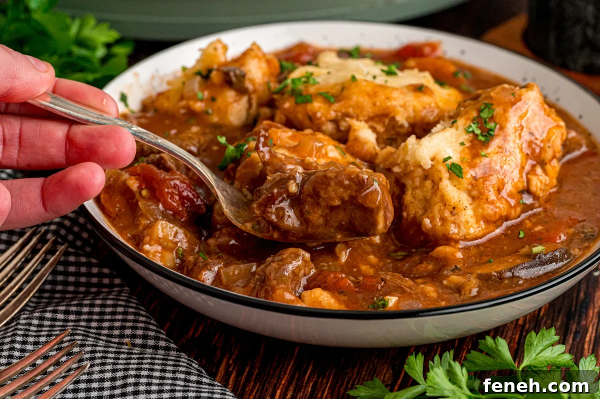 Hearty Beef Stew with Fluffy Dumplings Recipe 9 A hand holding a spoonful of stew being pulled from a bowl.
