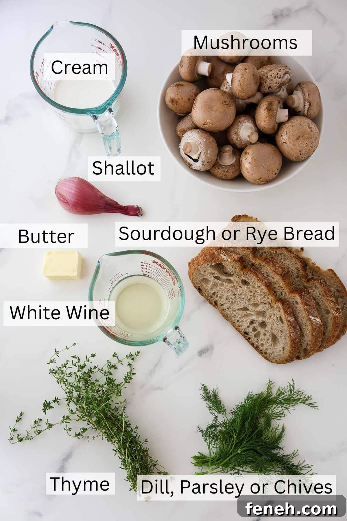 Labeled ingredients for Scandinavian Mushroom Toast.