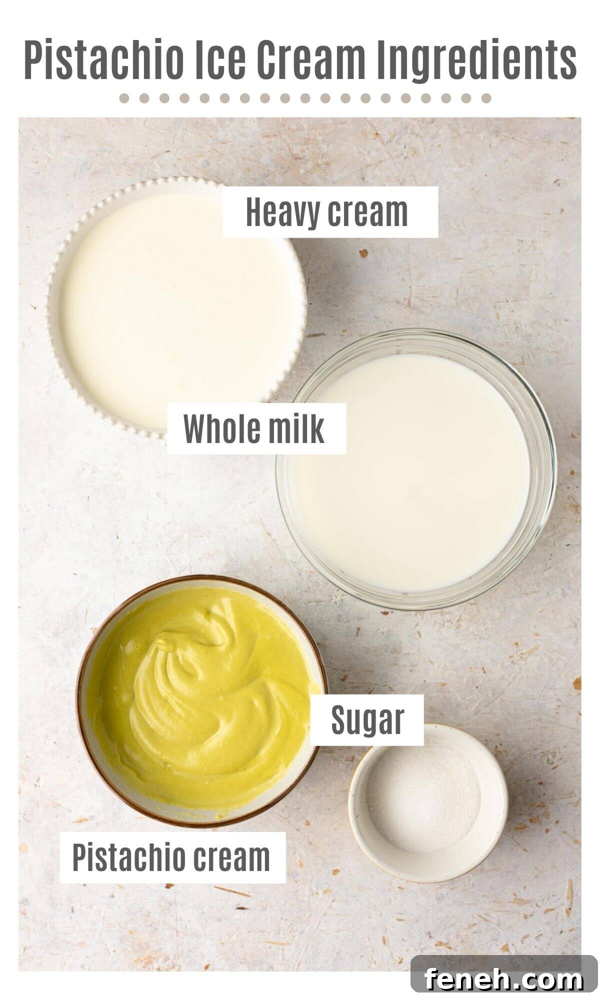 An overhead shot of all the ingredients you need to make pistachio ice cream