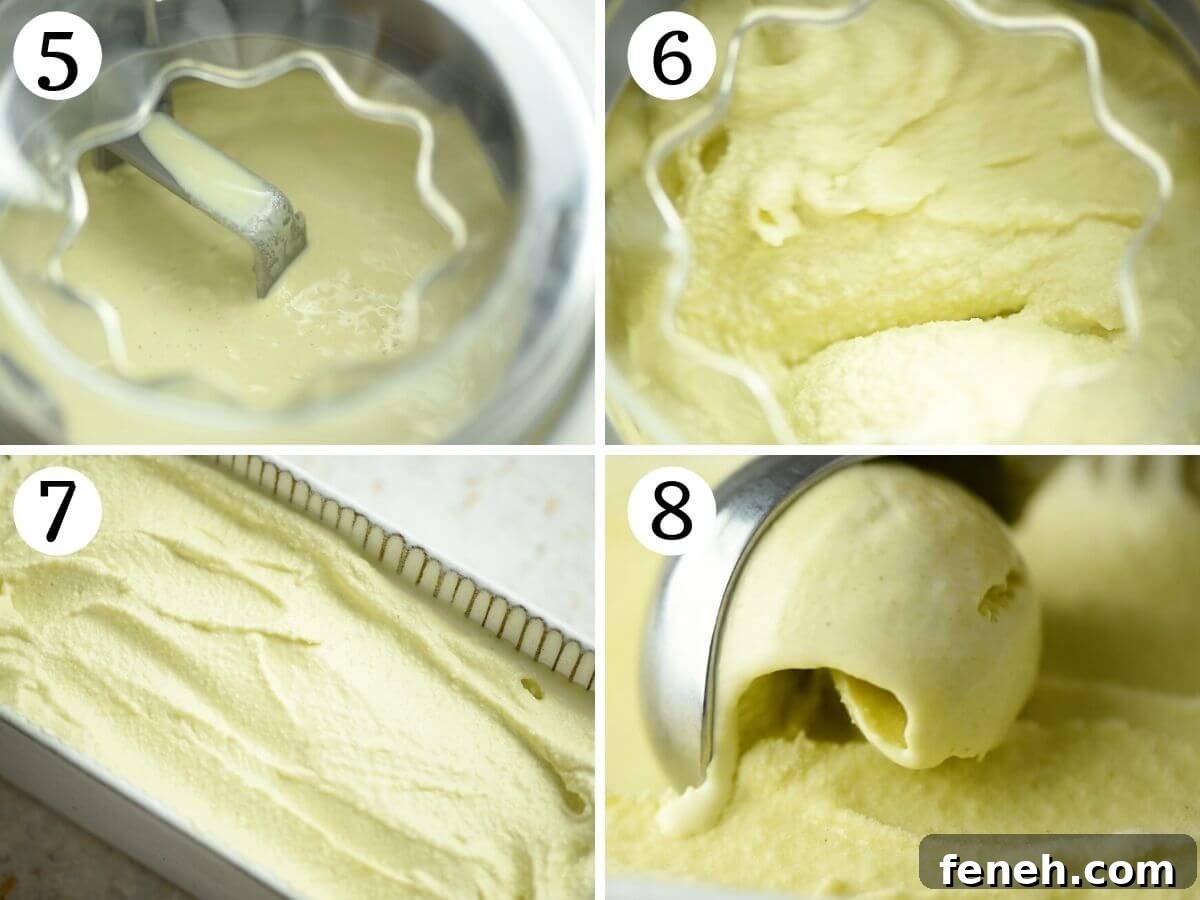 Step by step photos showing how to churn pistachio ice cream
