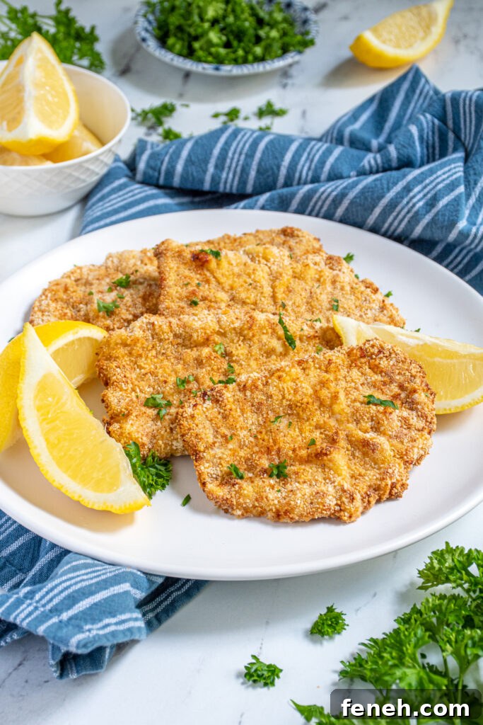 Air Fryer Pork Schnitzel lined up on a white plate garnished with fresh parsley and surrounded by lemon wedges.