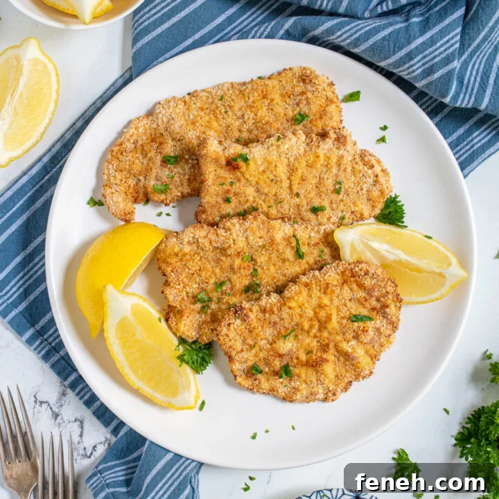 A white plate with four pork schnitzels garnished with fresh parsley and lemon wedges.