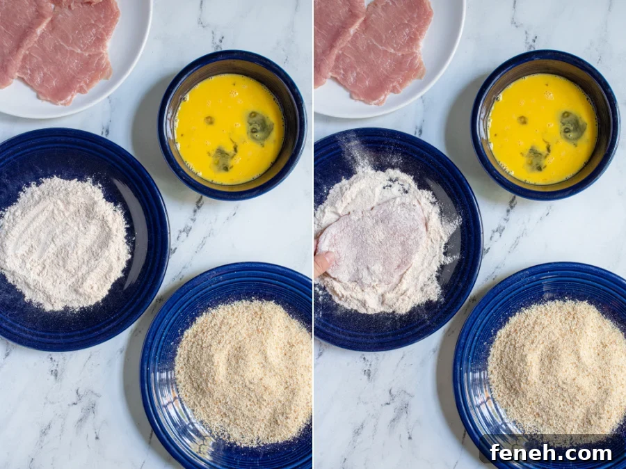 Collage showing steps of breading pork schnitzel showing the three dredging stations and dipping pork into the flour seasoning mixture.