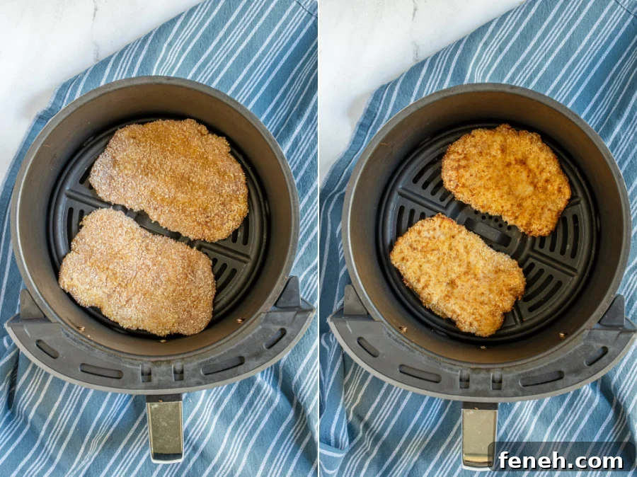 Before and after of two pork schnitzels in an air fryer basket.