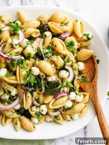 Close up view of Zucchini Pasta Salad on Platter