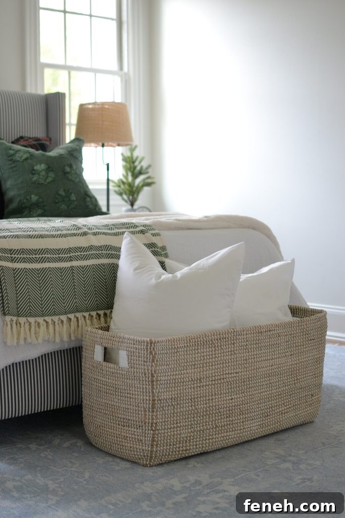 rectangular La Jolla basket in a bedroom with pillows inside it