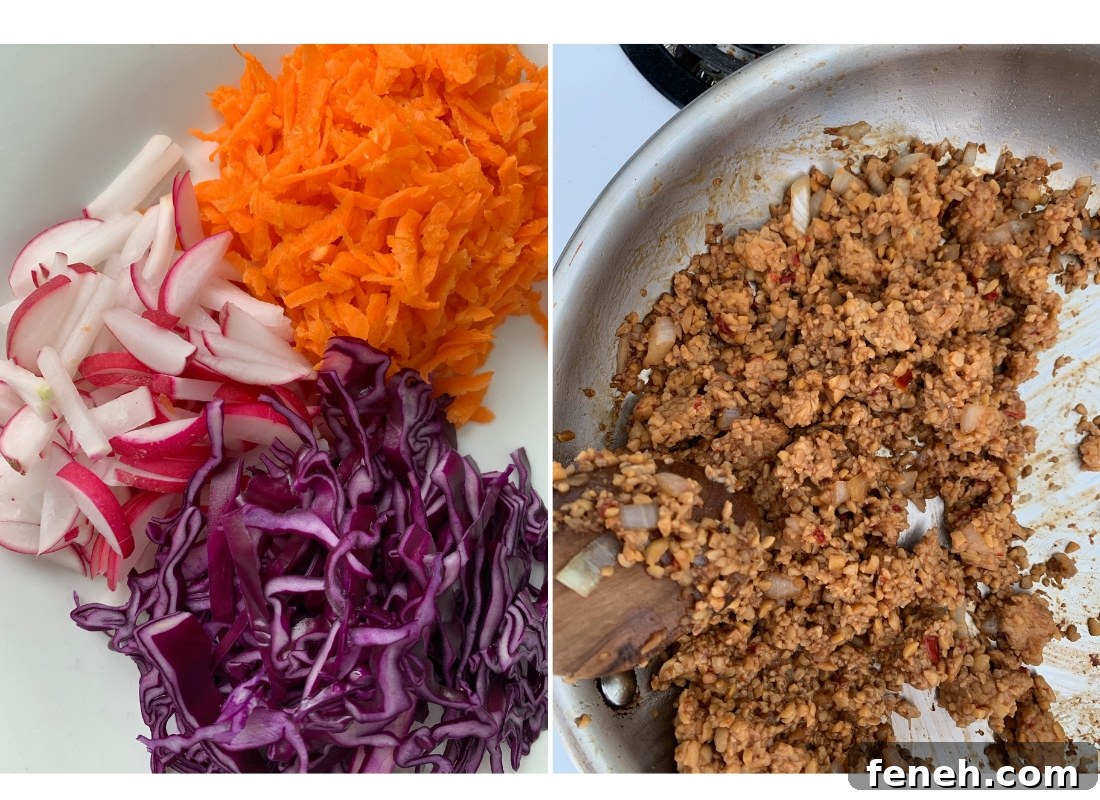 A collage of prepared shredded vegetables and crumbled tempeh cooking in a pan.