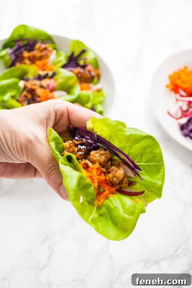 A hand holding a lettuce wrap with a plate of lettuce wraps and toppings in the background.