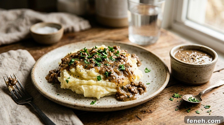 Ground Beef and Gravy Over Mashed Potatoes