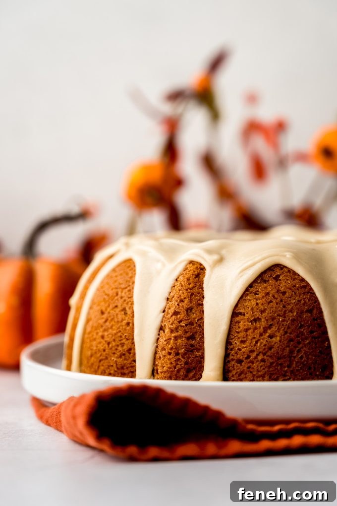 A pumpkin Bundt cake on a platter.