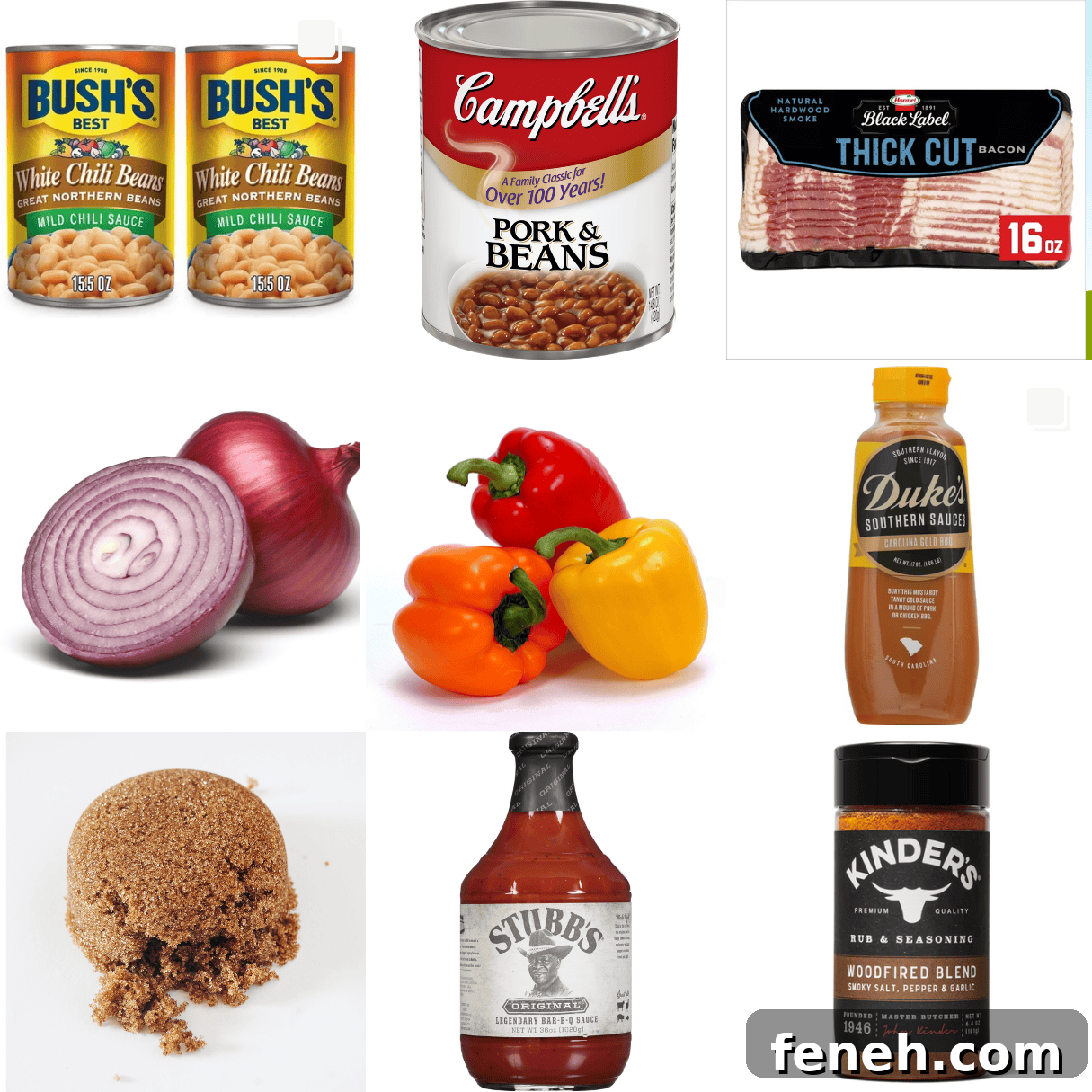 ingredients including chili beans, pork and beans, bacon, onion, gold BBQ sauce, brown sugar, and BBQ sauce.