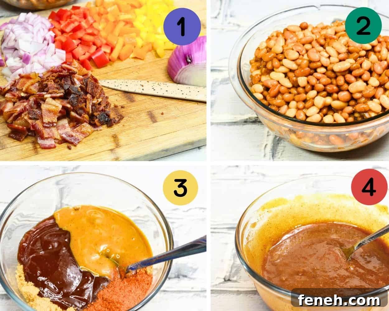 a collage showing to how to cut ingredients and make the sauce for bbq baked beans.