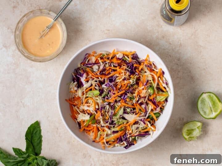 finished sesame slaw with cabbage, carrots and lime juice