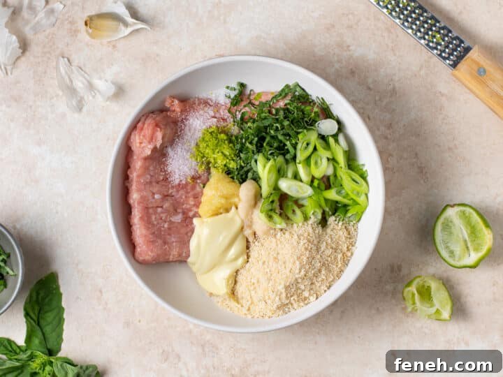ground chicken mixture in a bowl with basil, green onions, garlic, ginger and breadcrumbs before mixing