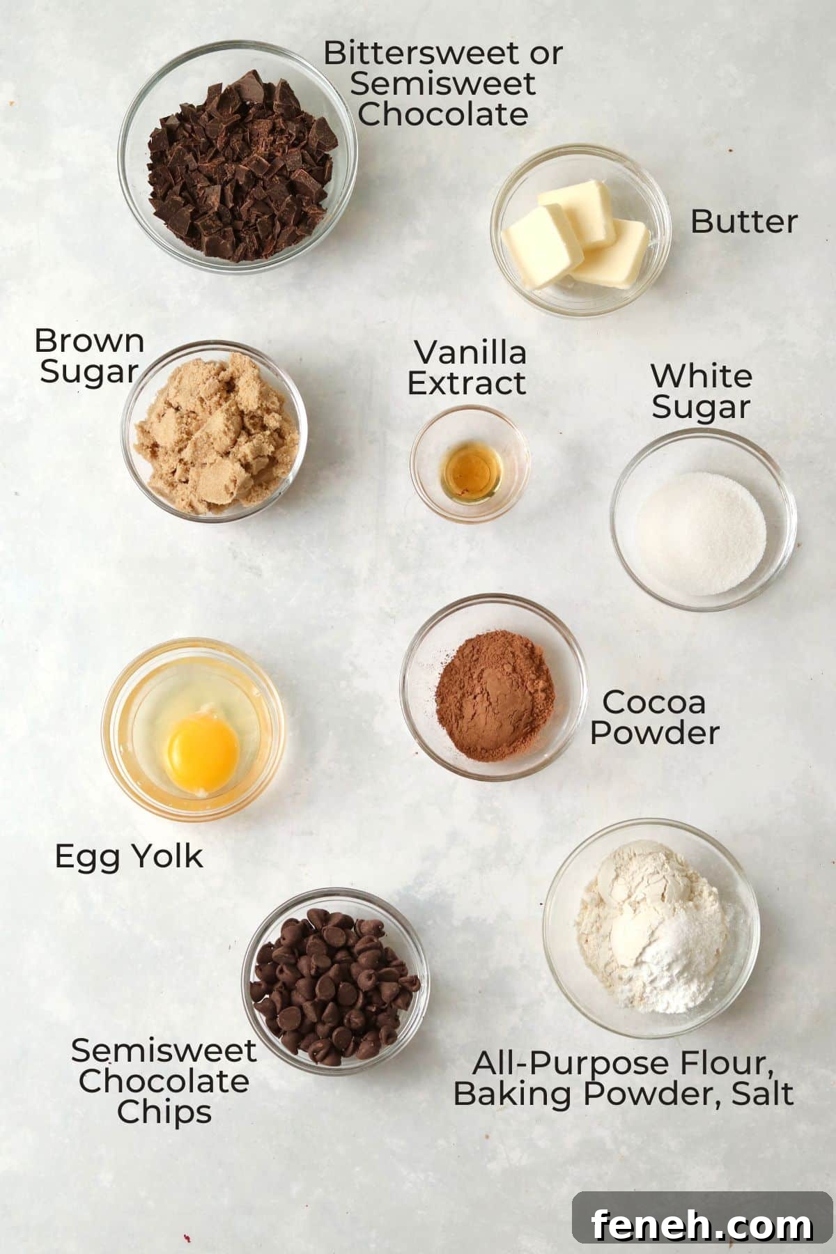 Ingredients to make brownie cookies in glass prep bowls.
