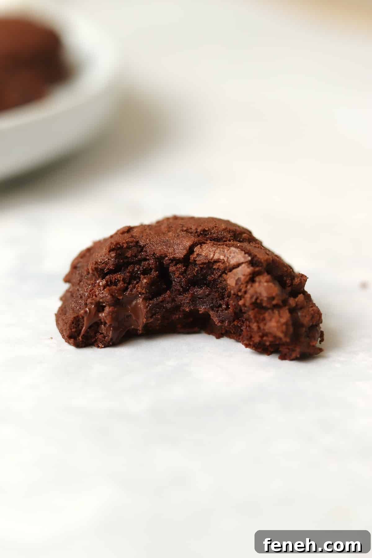 Brownie cookie with bite taken out to show fudgy center.