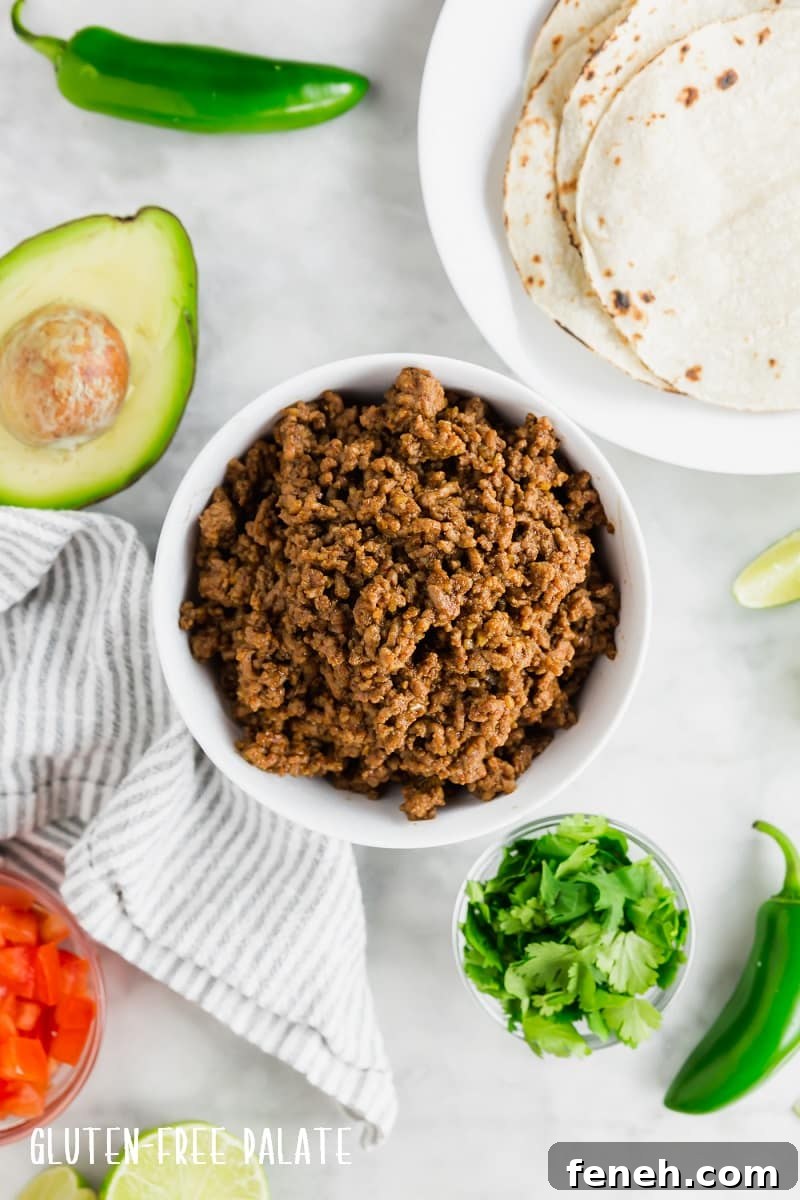 top down view of gluten-free taco meat in a white bowl
