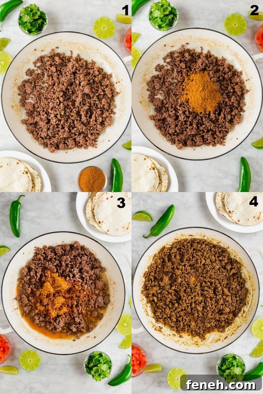 a collage of four photos showing the steps to make gluten-free taco meat