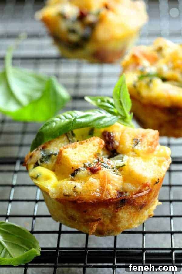 Close-up photo of a Muffin Pan Strata with Basil and Sun-Dried Tomatoes on cooling rack garnished with fresh basil.