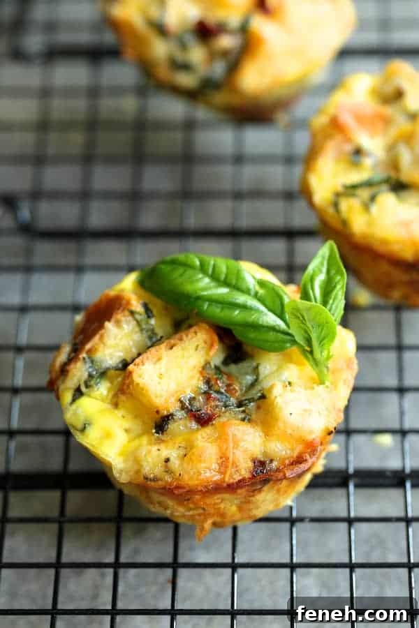 Close-up photo of a Muffin Pan Strata with Basil and Sun-Dried Tomatoes on cooking rack.