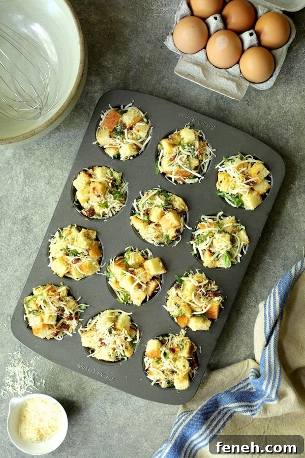 Photo of stratas in muffin pan before custard is added.