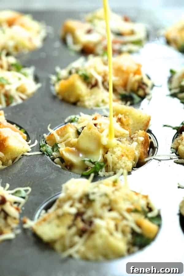 Photo of unbaked stratas with custard being poured over them.