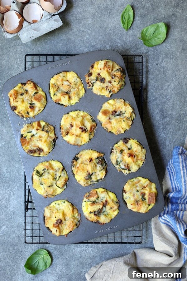 Photo of Muffin Pan Stratas with Basil and Sun-Dried Tomatoes in muffin pan after being baked.