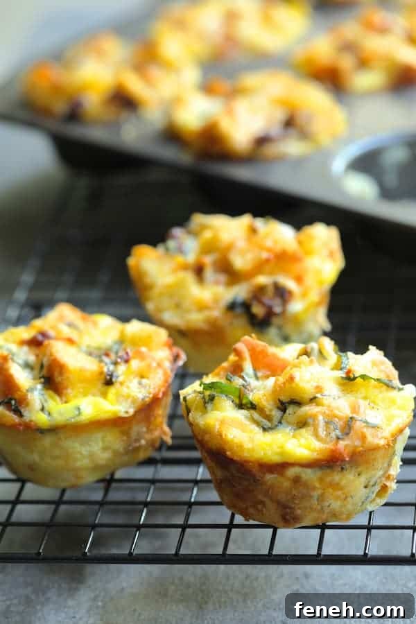 Photo of three Muffin Pan Stratas with Basil and Sun-Dried Tomatoes on cooling rack with remainder still in the pan in the background.