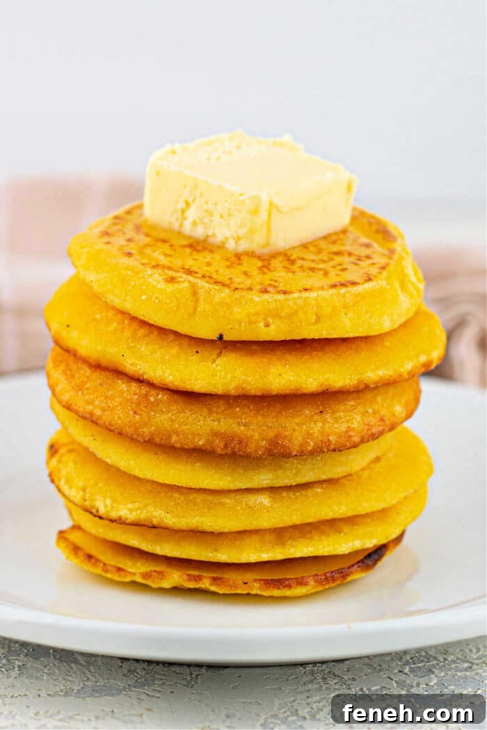 A stack of golden fried cornbread, topped with butter on a pristine white plate.