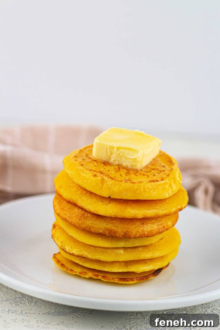 A stack of cornbread pancakes with a pat of butter on top, served on a white plate alongside golden slices of fried cornbread.