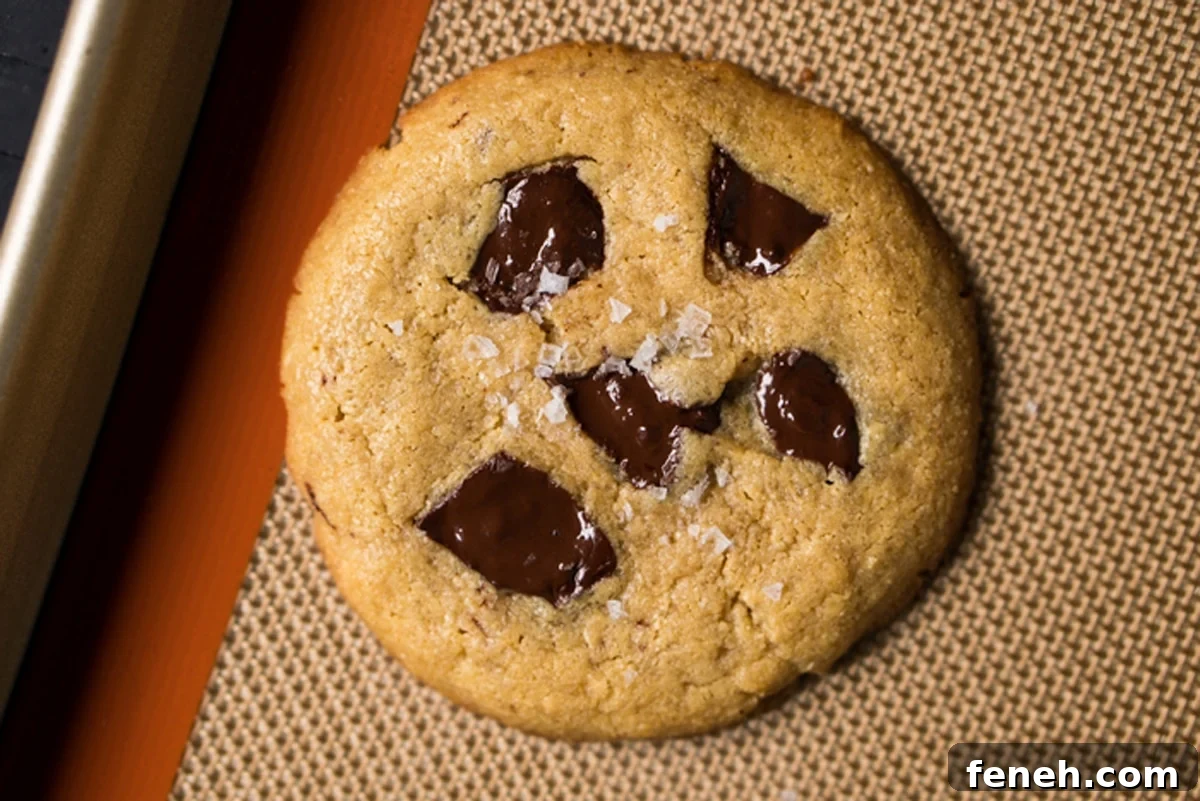 Freshly baked flourless cookie with chocolate chunks on a baking tray