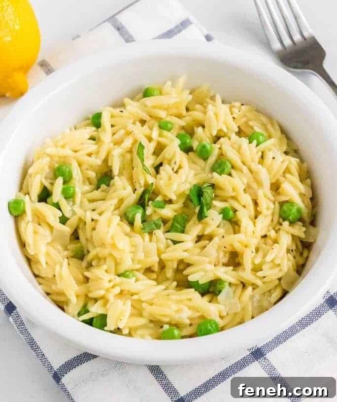 white bowl filled with Instant Pot lemon parmesan orzo