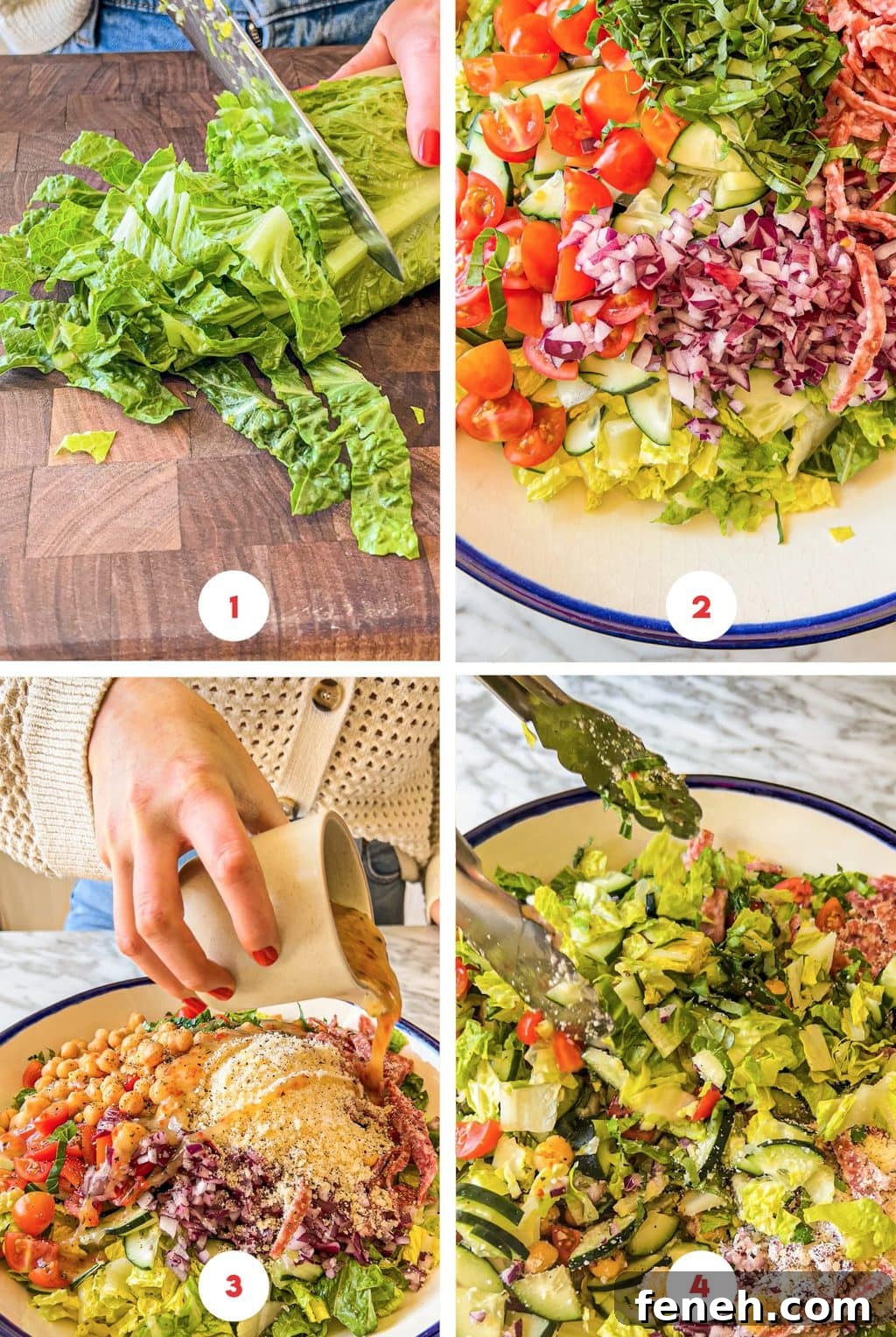 four step grid preparing Italian dressing and salad