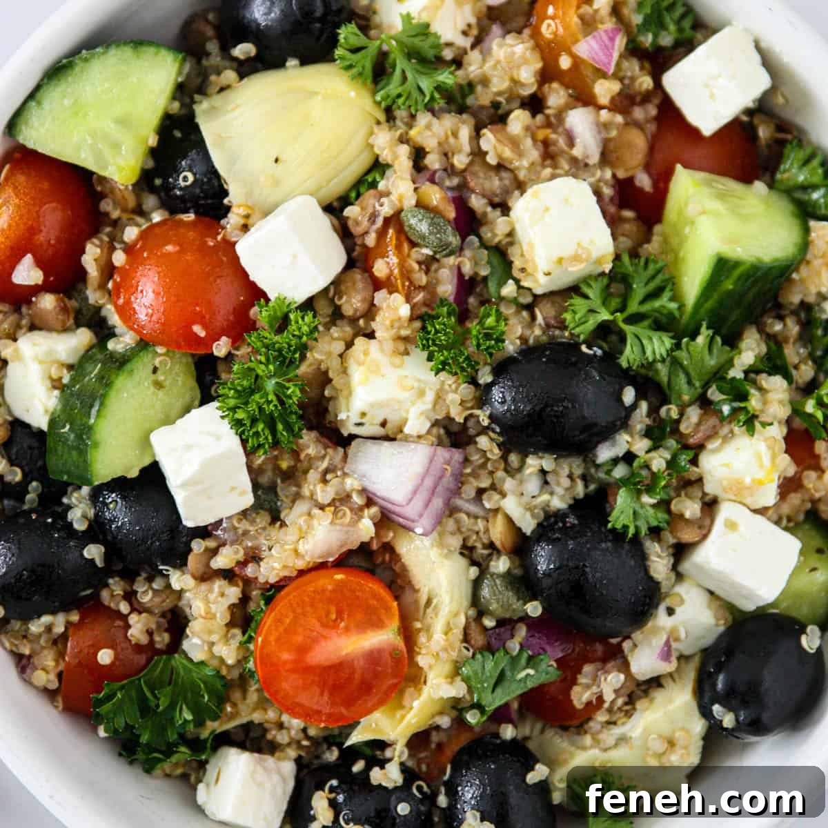 Quinoa and lentil salad with olives, cucumbers, and tomatoes.