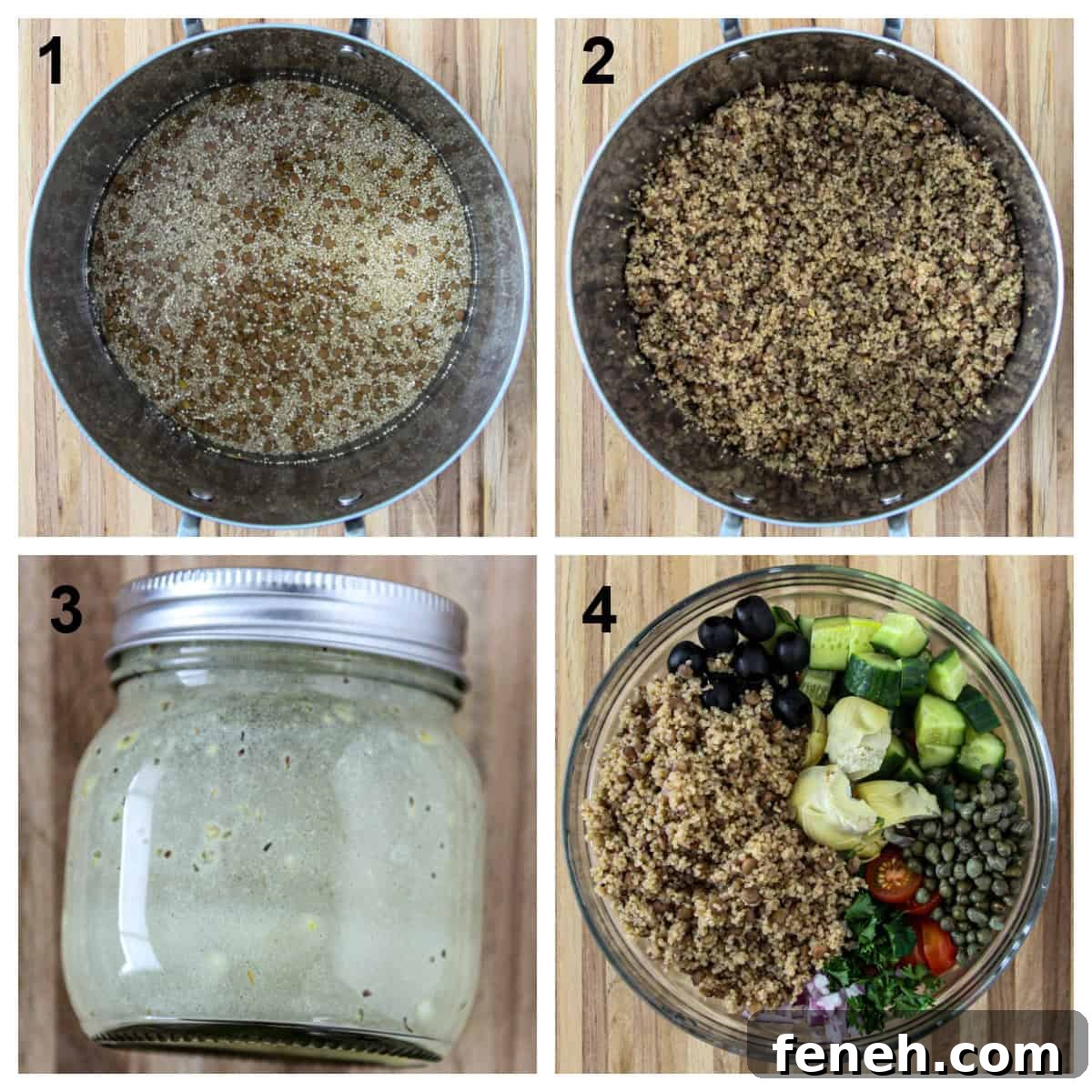 The process of making the quinoa and lentil salad.