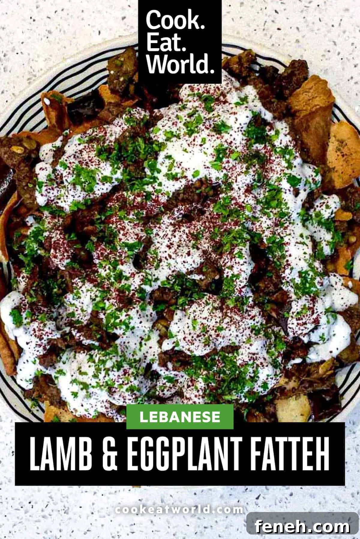 a platter of Lamb & Eggplant Fatteh garnished with fresh parsley and sumac