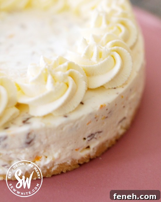 orange zest and chocolate orange chips in the cream cheesecake layer on a shortbread biscuit base with swirls of cream on top