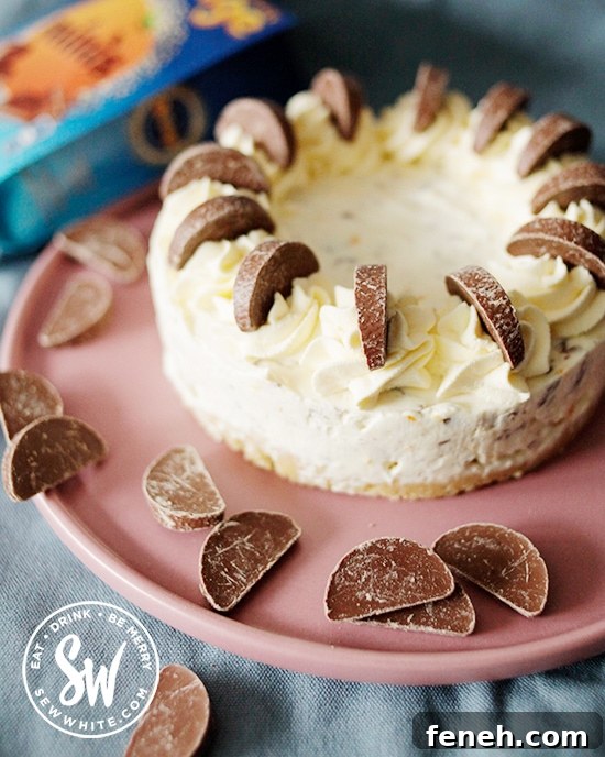 The chocolate orange cheesecake with Terry's chocolate orange pieces on top ready to serve on a pink plate.