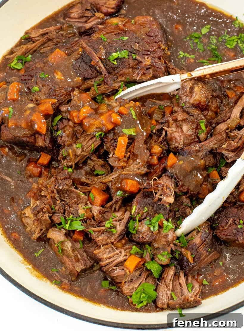balsamic pot roast in large white pot